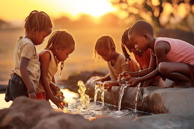 Afrikanische Kinder genießen sauberes Wasser und strecken ihre Hände aus, um mit einem Brunnen sauberen Wassers zu tanken