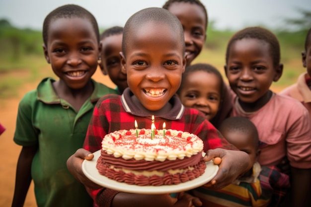 Afrikanische Kinder halten einen Geburtstagskuchen in der Hand, um alles Gute zum Geburtstag zu feiern