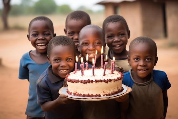 Afrikanische Kinder halten einen Geburtstagskuchen in der Hand, um alles Gute zum Geburtstag zu feiern