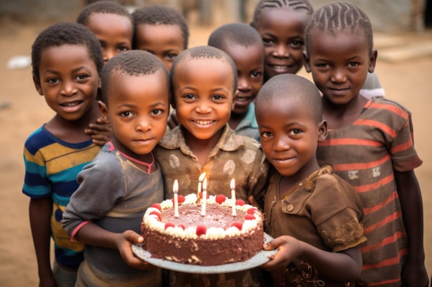 Afrikanische Kinder halten einen Geburtstagskuchen in der Hand, um alles Gute zum Geburtstag zu feiern