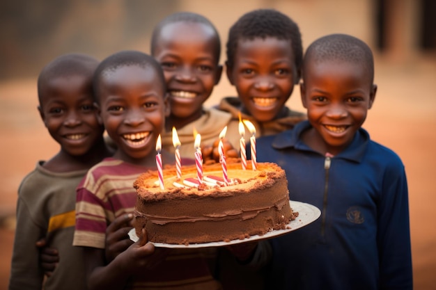 Afrikanische Kinder halten einen Geburtstagskuchen in der Hand, um alles Gute zum Geburtstag zu feiern