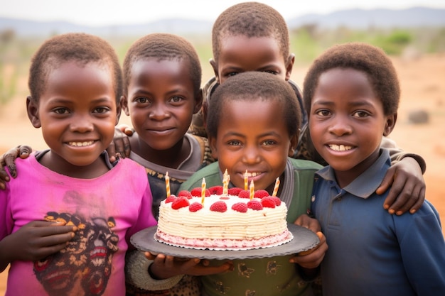 Afrikanische Kinder halten einen Geburtstagskuchen in der Hand, um alles Gute zum Geburtstag zu feiern