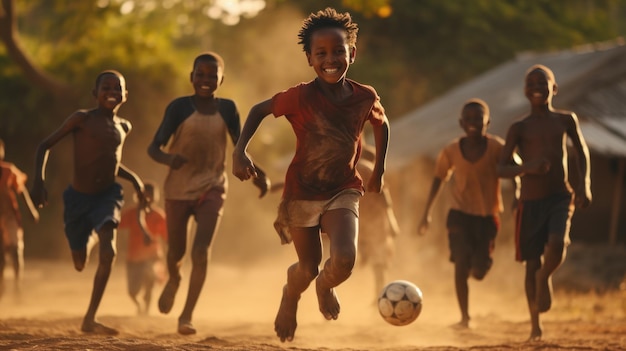 Afrikanische Kinder in armen Slums genießen es, auf dem Fußballfeld im Slumdorf zu klopfen