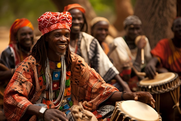 afrikanische Männer, die in lebendiger Kleidung Trommler sind und energisch ihre Trommeln spielen