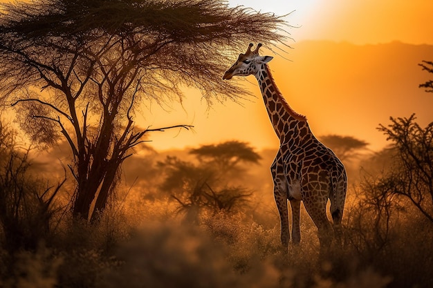Afrikanische Majestät majestätische Giraffe im Savannah-Sonnenuntergang