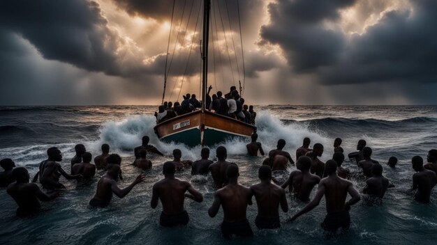 afrikanische Migranten, die in einem gefährlichen Sturm im Mittelmeer verloren gingen und von einer europäischen Zukunft träumten
