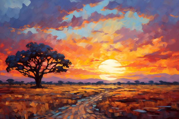Afrikanische Savanne bei Sonnenuntergang Ölgemälde im Stil des Impressionismus