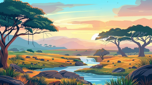 Afrikanische Savanne mit Fluss Wasserfall Akazienbäume und Berge am Horizont Vektor Cartoon Illustration von Savannenlandschaft mit grünem Gras Wasserstrom, der abends von Steinen fällt