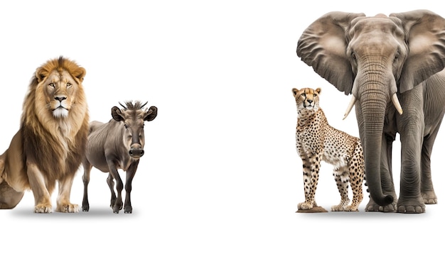 Afrikanische Tiere auf weißem, isoliertem Hintergrund Löwe, Gepard, Elefant und Warzenschwein