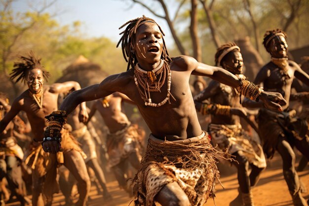 Afrikanische Ureinwohner mit bemalten Gesichtern tanzen einen Nationaltanz