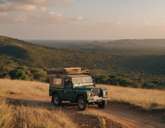 Afrikanische Wildtiere Safari mit einem alten Landrover, der auf einem Hügel geparkt ist