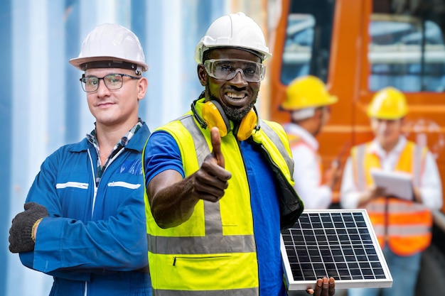 Afrikanischer Arbeiter, der Solarzellenpanel und Ingenieursmann hält, der mit Selbstbewusstsein vor Containerhintergrund steht. Konzept des intelligenten Industriearbeiterbetriebs. Vielfalt der Menschen in der Industrie.