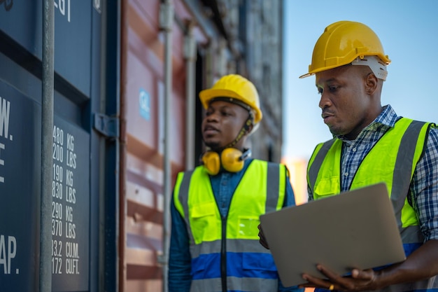 Afrikanischer Arbeiter Ingenieur Techniker mit Laptop zur Inspektion des Containerbereichs vor Ort