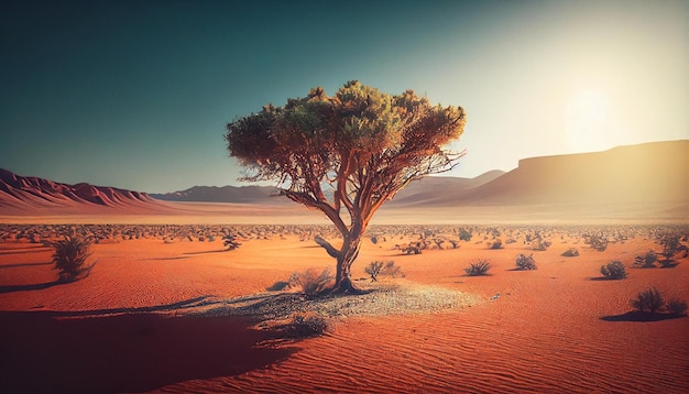 Afrikanischer Baum in der Wüste bei Sonnenunterganggenerative ai