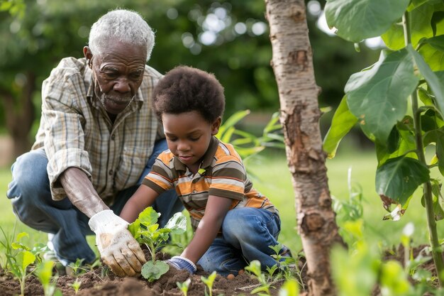 Afrikanischer Großvater verbindet sich mit seinem Enkel, indem er pflanzt und Wisdo weitergibt