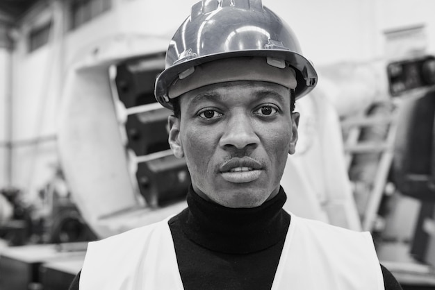 Afrikanischer Ingenieur, der in der Roboterfabrik auf die Kamera blickt