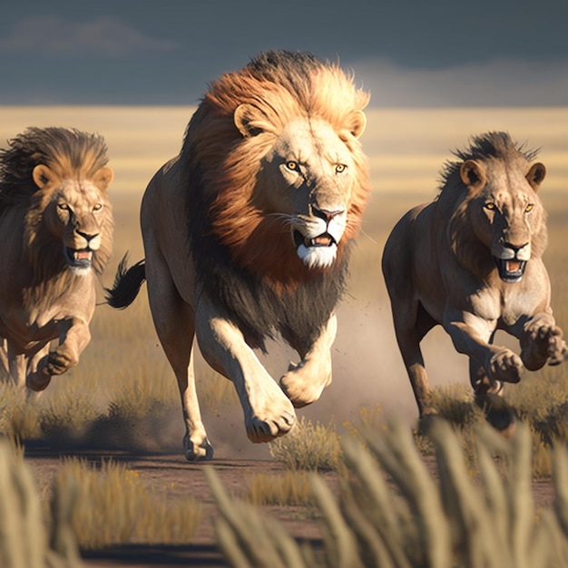 Afrikanischer Löwe läuft auf der Jagd, Stockillustrationsbild. Ai-generierte Kunst