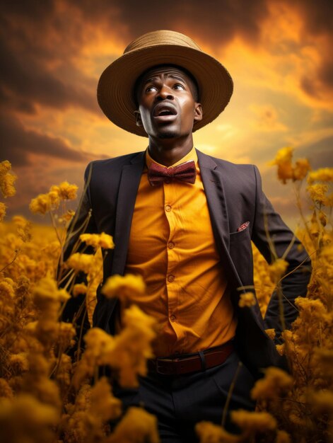 Afrikanischer Mann in emotionaler dynamischer Pose auf herbstlichem Hintergrund