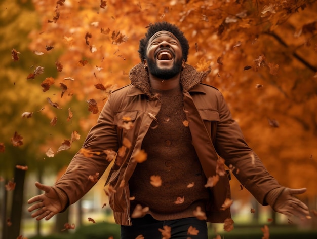 Afrikanischer Mann in emotionaler dynamischer Pose auf herbstlichem Hintergrund