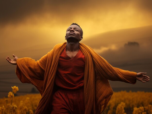 Afrikanischer Mann in emotionaler dynamischer Pose auf herbstlichem Hintergrund