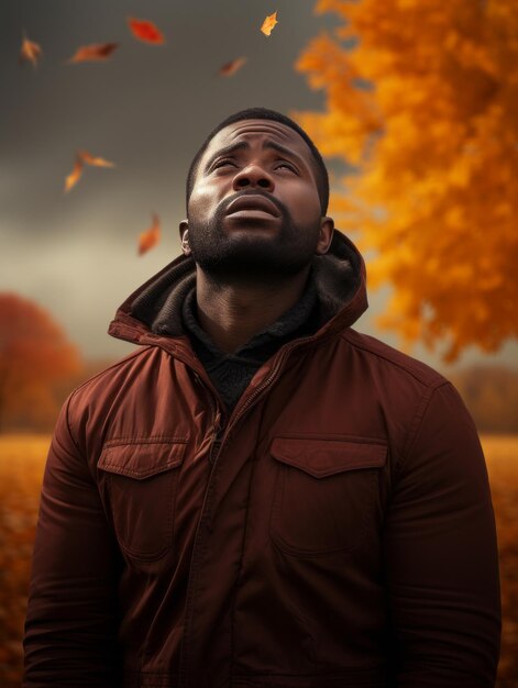 Afrikanischer Mann in emotionaler dynamischer Pose auf herbstlichem Hintergrund