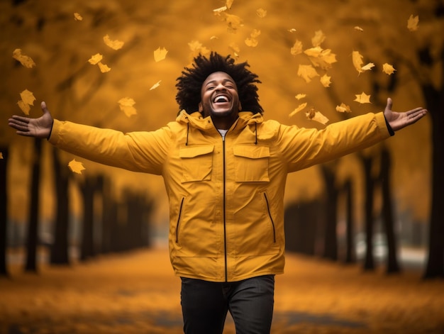 Afrikanischer Mann in emotionaler dynamischer Pose auf herbstlichem Hintergrund