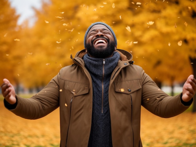 Afrikanischer Mann in emotionaler dynamischer Pose auf herbstlichem Hintergrund