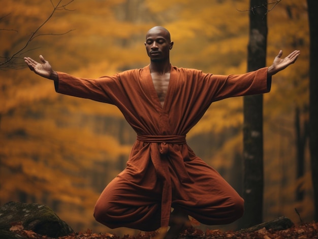 Afrikanischer Mann in emotionaler dynamischer Pose auf herbstlichem Hintergrund