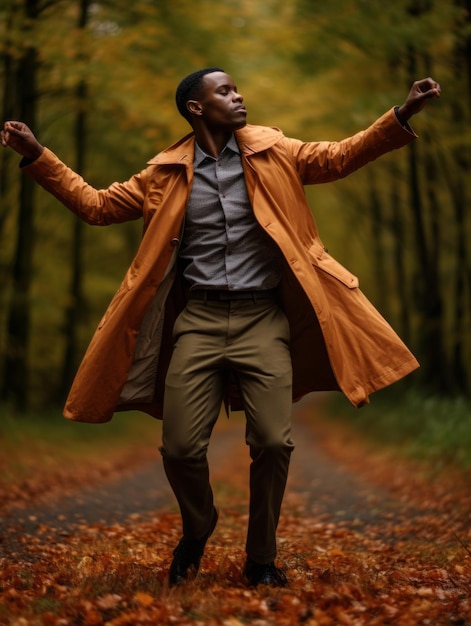 Afrikanischer Mann in emotionaler dynamischer Pose auf herbstlichem Hintergrund