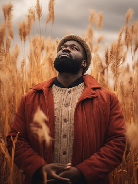 Afrikanischer Mann in emotionaler dynamischer Pose auf herbstlichem Hintergrund