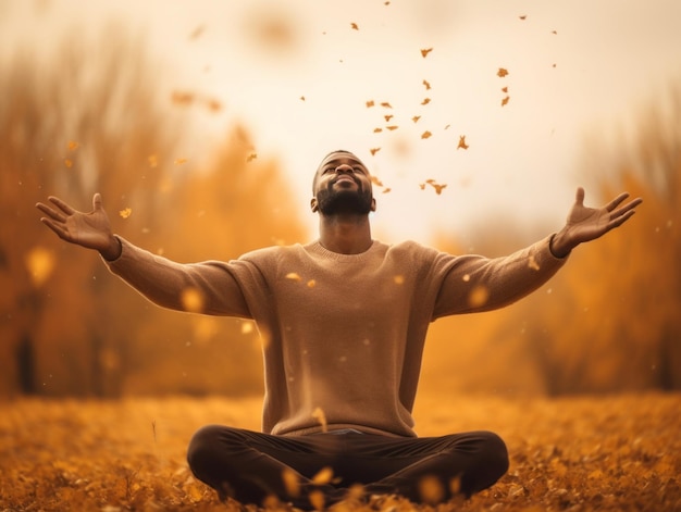 Afrikanischer Mann in emotionaler dynamischer Pose auf herbstlichem Hintergrund