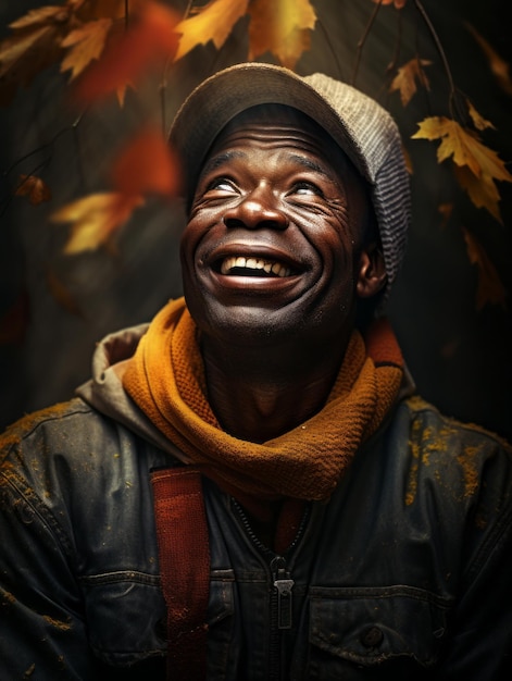 Afrikanischer Mann in emotionaler dynamischer Pose auf herbstlichem Hintergrund