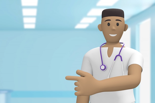 Afrikanischer Mannarzt im medizinischen Innenraum des Krankenhauses mit Zeigefinger auf Kopienraum. Cartoon Person. 3D-Rendering.