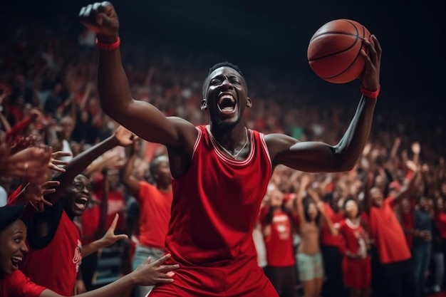 Afrikanischer schwarzer Basketballspieler in roter Uniform freut sich über den verlassenen Ball in einem Stadion mit Zuschauern