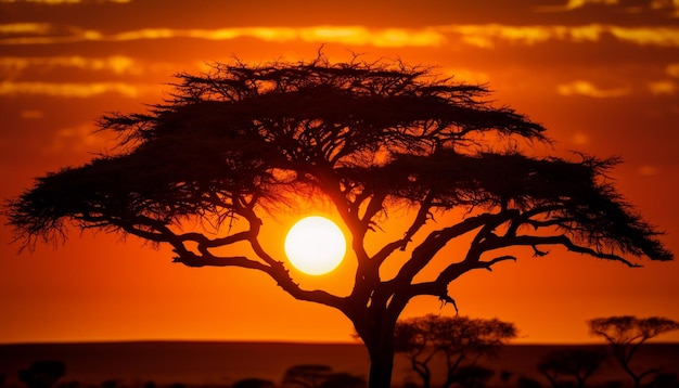 Afrikanischer Sonnenuntergang über einer Akazie mit einer großen Sonne Szene der wild lebenden Tiere Afrikanische Safari