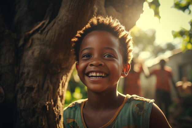 Afrikanisches Kind, afroamerikanisches Baby, afroamerikanisches Lächeln, während es in die Kamera schaut, glückliche Kindheit, fröhlicher, schöner und hübscher Junge oder Mädchen, Rassenlebensstil