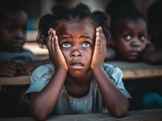 Afrikanisches Kind in emotionaler dynamischer Pose in der Schule