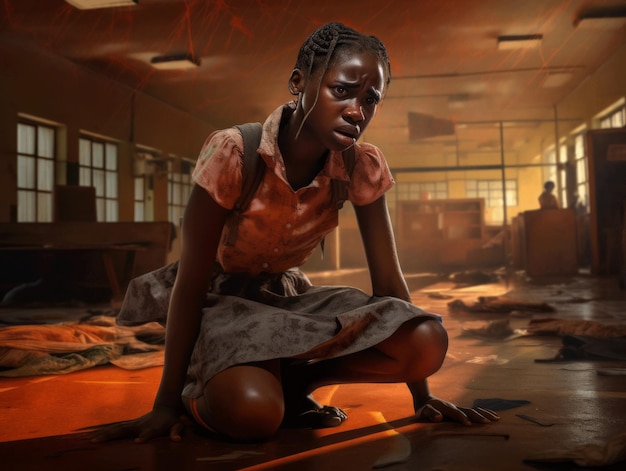 Afrikanisches Kind in emotionaler dynamischer Pose in der Schule