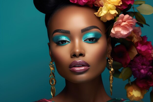 Afrikanisches Mädchen mit Make-up und Blumen auf blauem Hintergrund