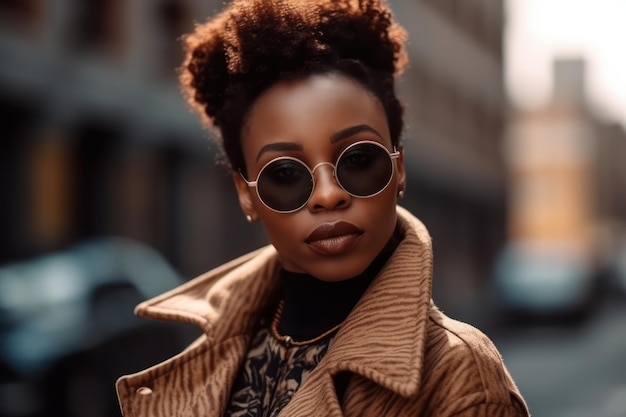 Afrikanisches schickes Geschäftsmädchen in Mantel und Sonnenbrille Modisches Straßenporträt einer afroamerikanischen Frau