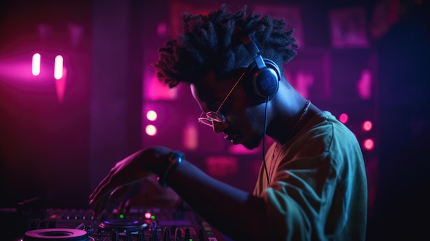 Afro-Afroamerikanischer DJ mischt Musik im Nachtclub mit buntem Licht