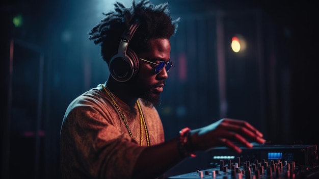 Afro-Afroamerikanischer DJ mischt Musik im Nachtclub mit buntem Licht