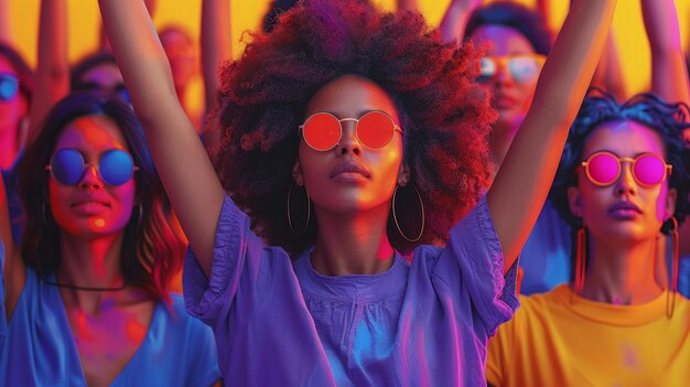 Foto afro-americana com penteado afro e óculos de sol em fundo desfocado conceito de protesto feminista