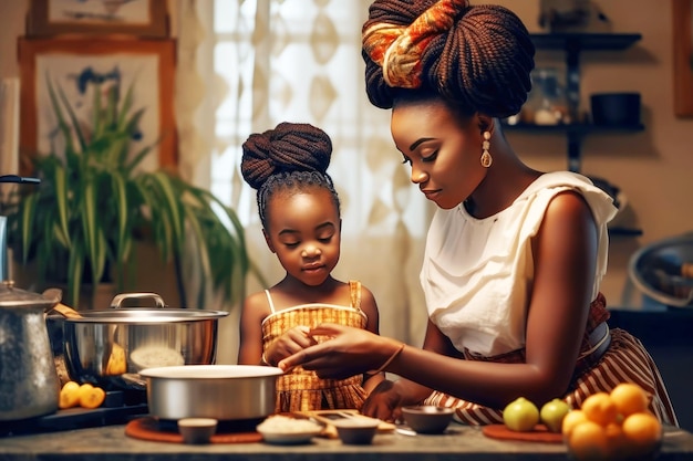 Afro-americana mãe e filha assando na cozinha