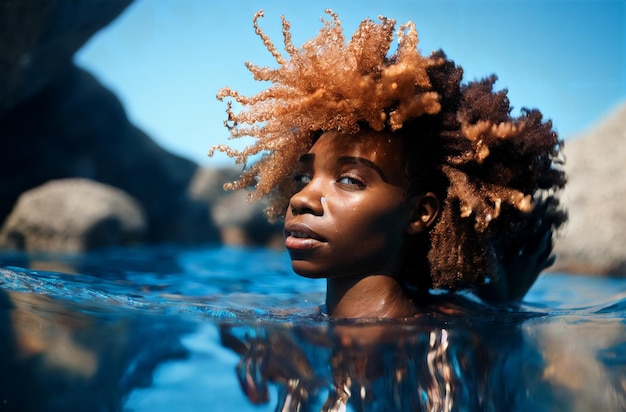 Afro-americano com lindo penteado encaracolado nadando no oceano Generative AI