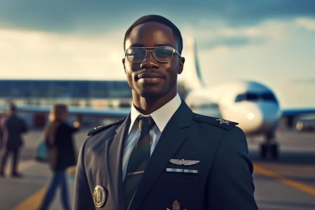 Afro-americano comissário de bordo vestindo um uniforme de comissário de bordo e um par de óculos de sol