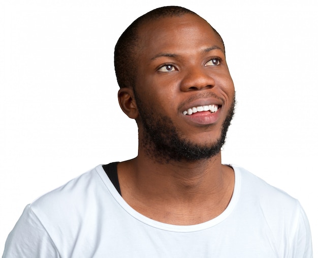 Afro americano homem pensando em algo isolado no branco