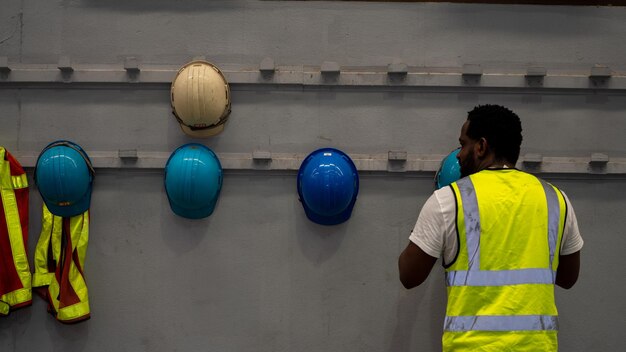 Afro-americano segurando capacete de segurança equipamento de capacete de segurança no local da fábrica