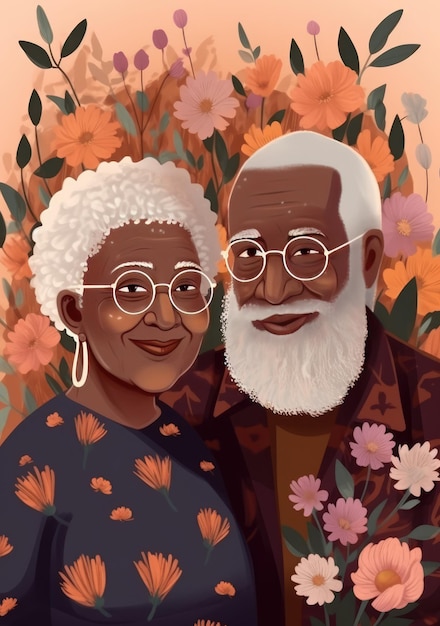 Afro-americanos casal de velhos avós sorrindo flores ao redor feliz dia dos avós Ai gerado