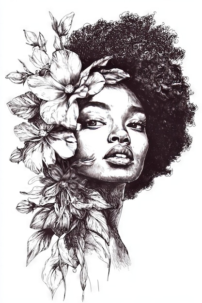 Afro chica con flores grabado aislado en fondo blanco ar 23 calidad 2 estilo crudo estilizar 75 v 61 ID de trabajo 95b1a3ac05174fc69baafbf60e96fc09